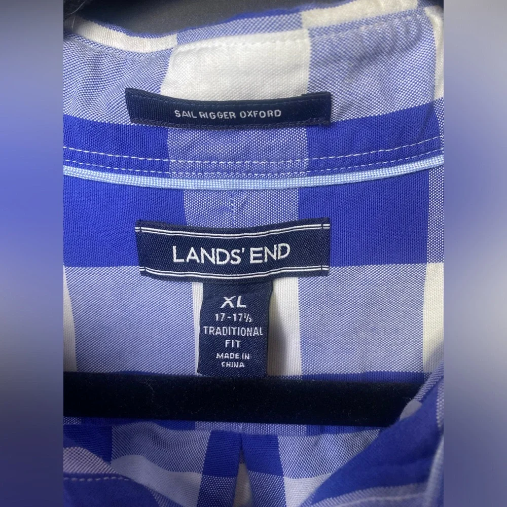 Lands' End Blue and‎ White Plaid Men's Shirt